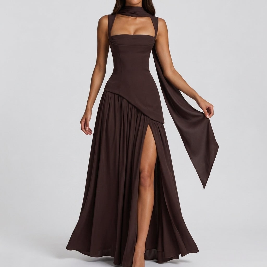 Draped Maxi Dress with Square Neck and Side Slit for Formal 5