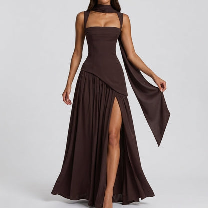 Draped Maxi Dress with Square Neck and Side Slit for Formal 5