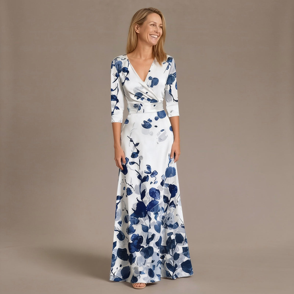 Elegant Floral Print Wrap Maxi Dress with 3/4 Sleeves