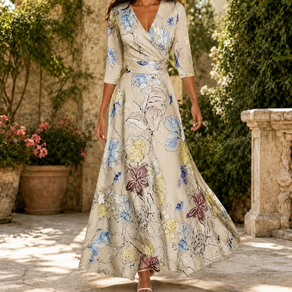 Floral Wrap Maxi Dress with 3/4 Sleeves and Defined Waist 2