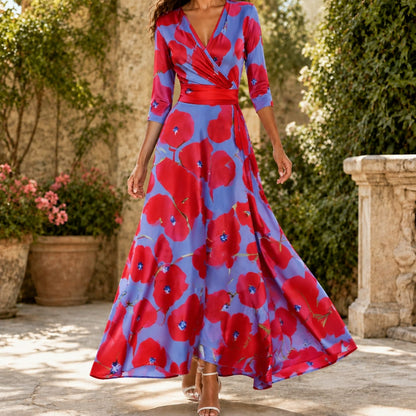 Floral Wrap Maxi Dress with 3/4 Sleeves and Defined Waist 3