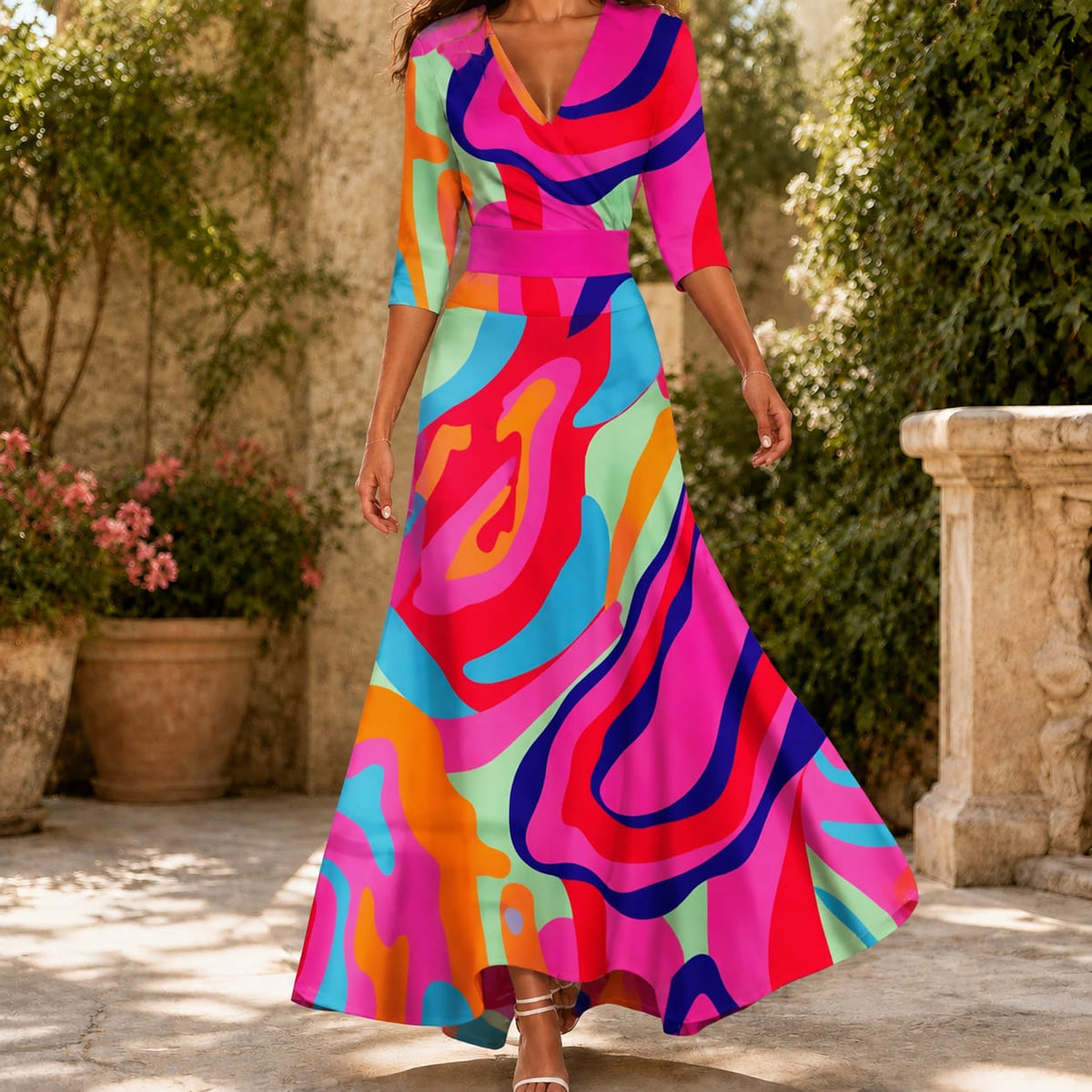 Floral Wrap Maxi Dress with 3/4 Sleeves and Defined Waist 4