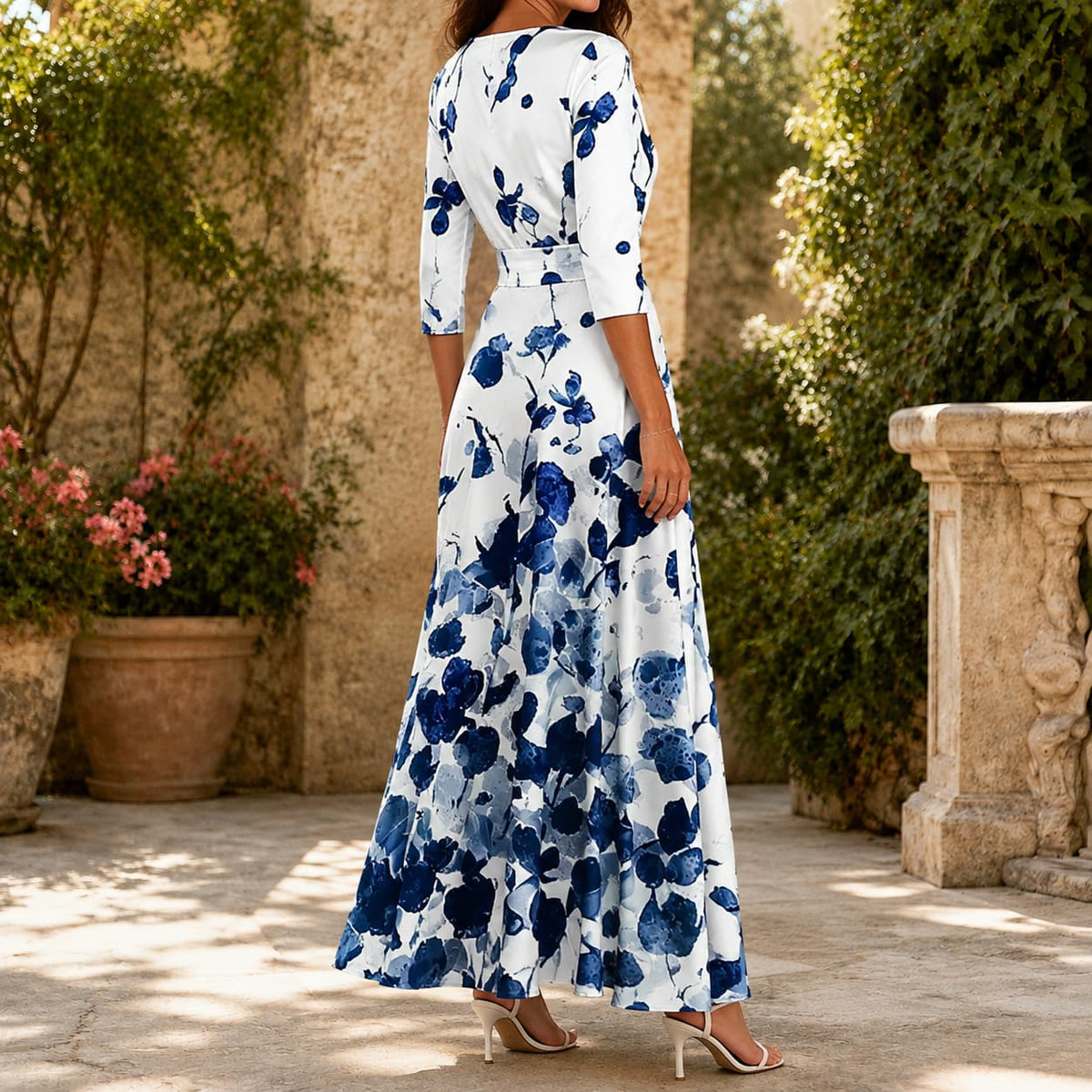 Floral Wrap Maxi Dress with 3/4 Sleeves and Defined Waist 5