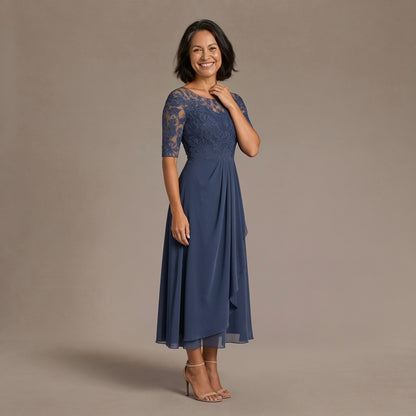 Elegant Lace Bodice Midi Dress with Sheer 3/4 Sleeves and Layered Skirt