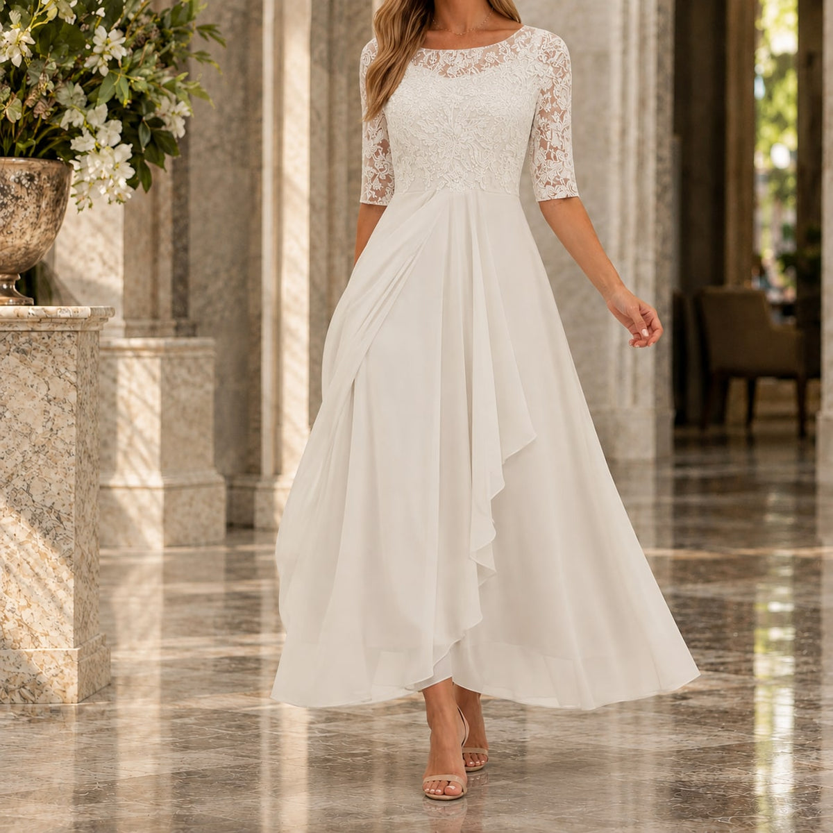 Lace Midi Dress with Sheer 3/4 Sleeves and Layered Skirt 3