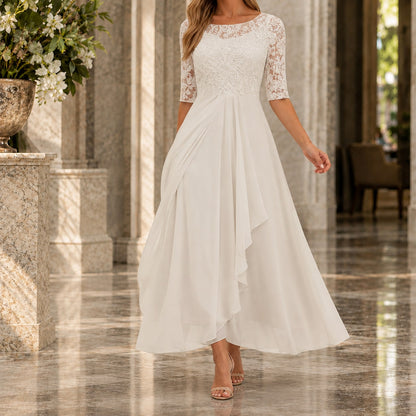 Lace Midi Dress with Sheer 3/4 Sleeves and Layered Skirt 3