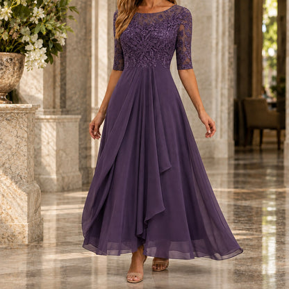Lace Midi Dress with Sheer 3/4 Sleeves and Layered Skirt 5