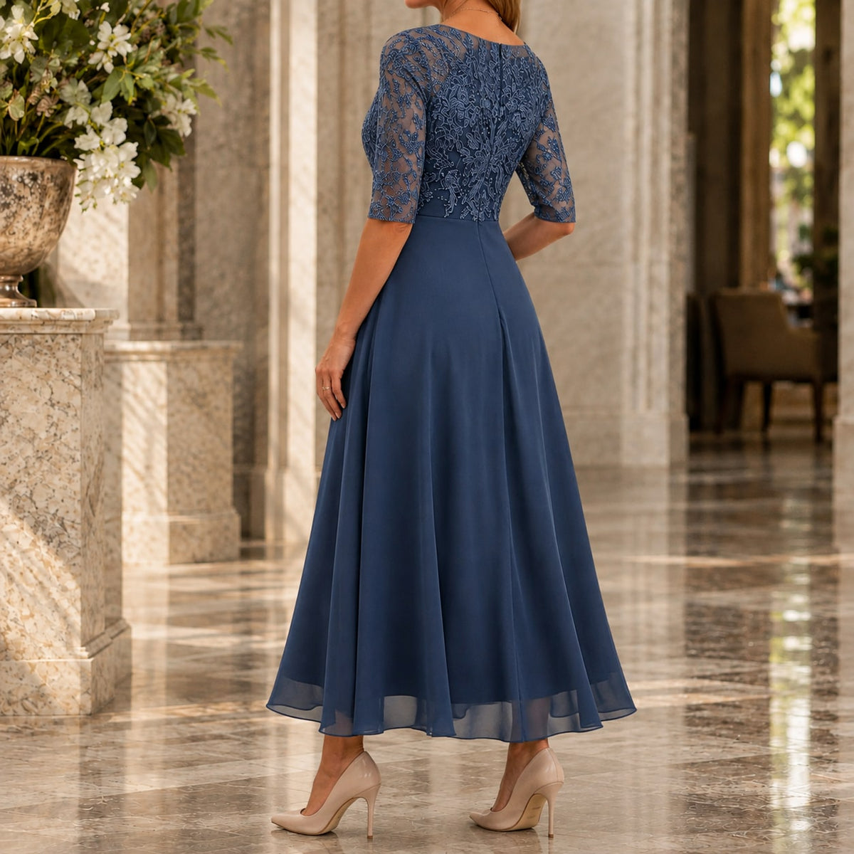 Lace Midi Dress with Sheer 3/4 Sleeves and Layered Skirt 6