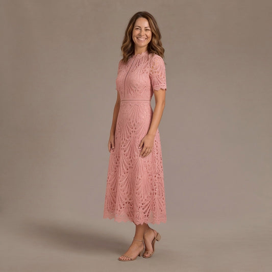 Elegant Lace High Neck Midi Dress with Short Sleeves