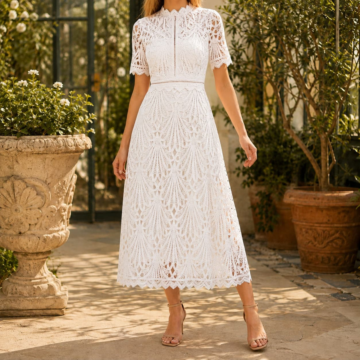 Lace High Neck Midi Dress with Short Sleeves, Elegant Flare 2