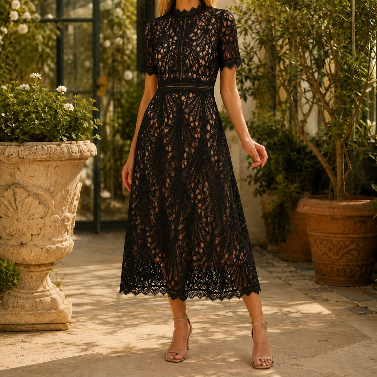 Lace High Neck Midi Dress with Short Sleeves, Elegant Flare 3