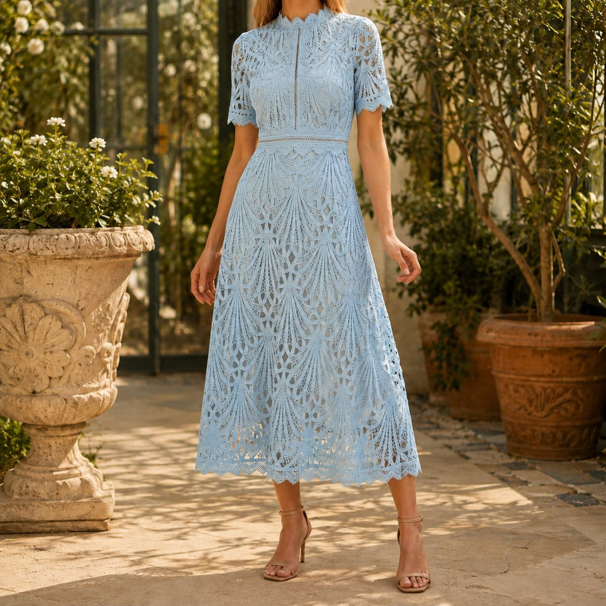 Lace High Neck Midi Dress with Short Sleeves, Elegant Flare 4