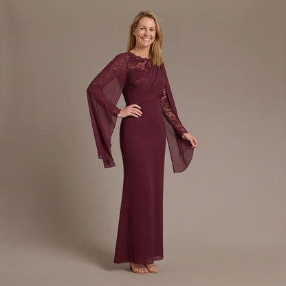 Wedding Guest Dress, Elegant Lace Maxi Dress with Cape Sleeves and Lace-Up Back