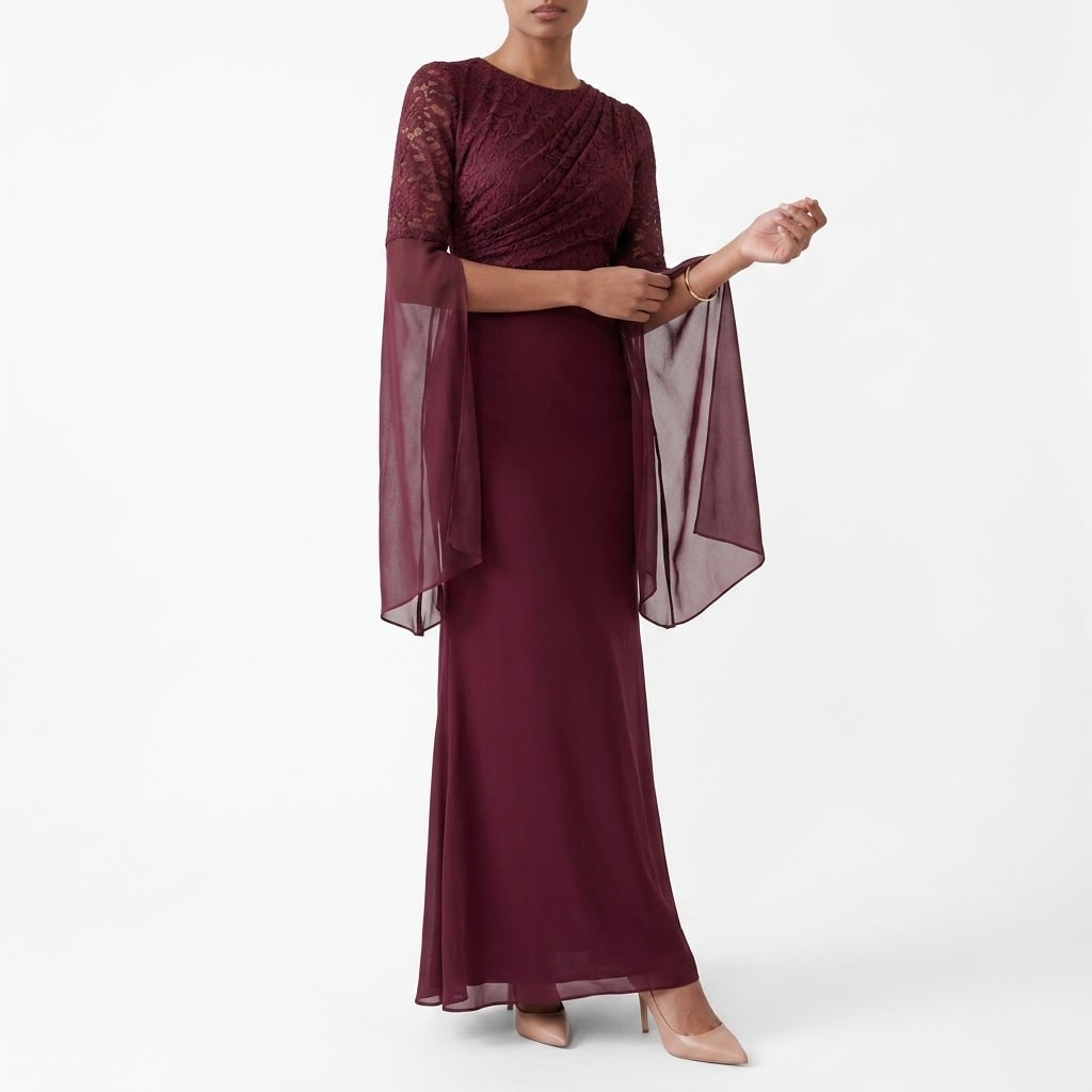 Lace Maxi Dress with Cape Sleeves and Lace-Up Back 2