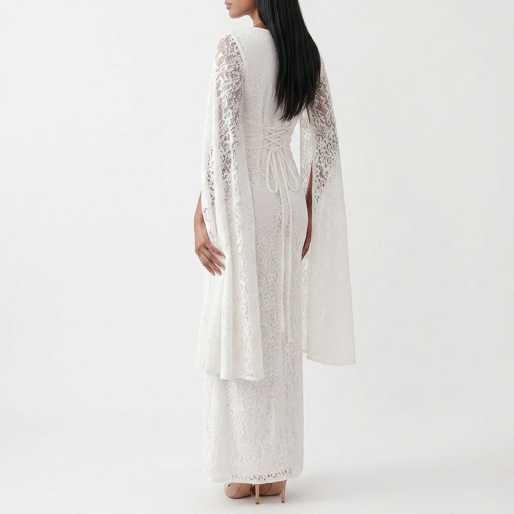 Lace Maxi Dress with Cape Sleeves and Lace-Up Back 4