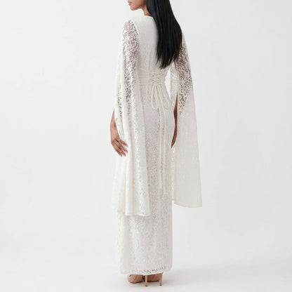 Lace Maxi Dress with Cape Sleeves and Lace-Up Back 4