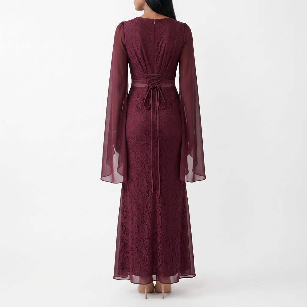 Lace Maxi Dress with Cape Sleeves and Lace-Up Back 5