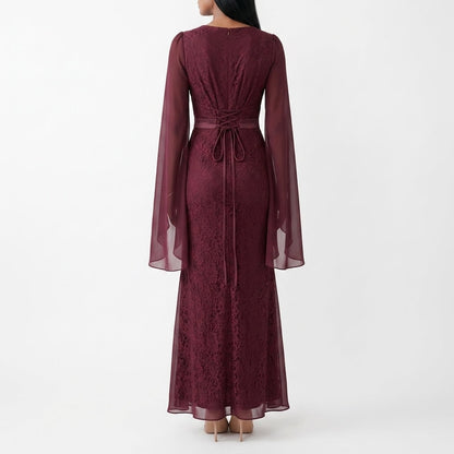 Lace Maxi Dress with Cape Sleeves and Lace-Up Back 5