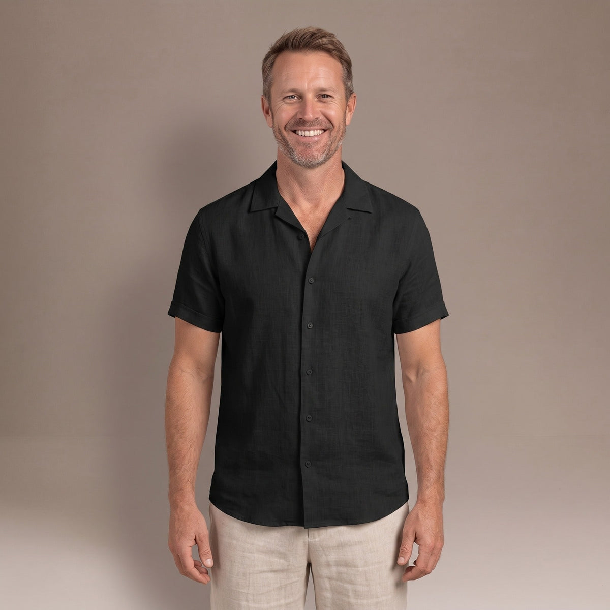 Elegant Mens Linen Shirt with Short Sleeves and Button Front in Black