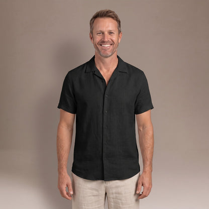 Elegant Mens Linen Shirt with Short Sleeves and Button Front in Black