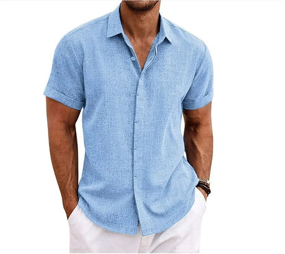 Elegant Mens Linen Shirt with Short Sleeves in Blue