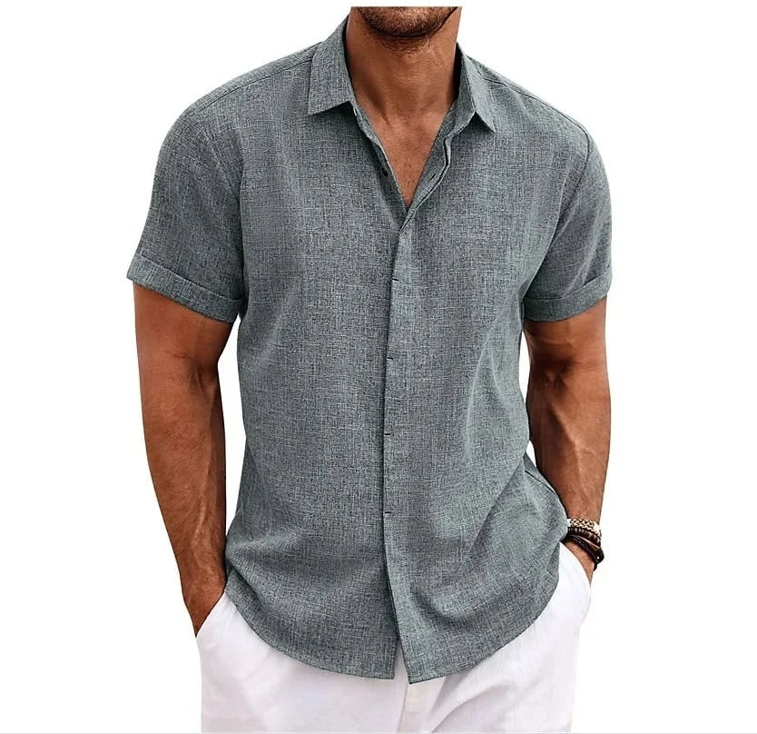 Elegant Mens Linen Shirt with Short Sleeves in Grey