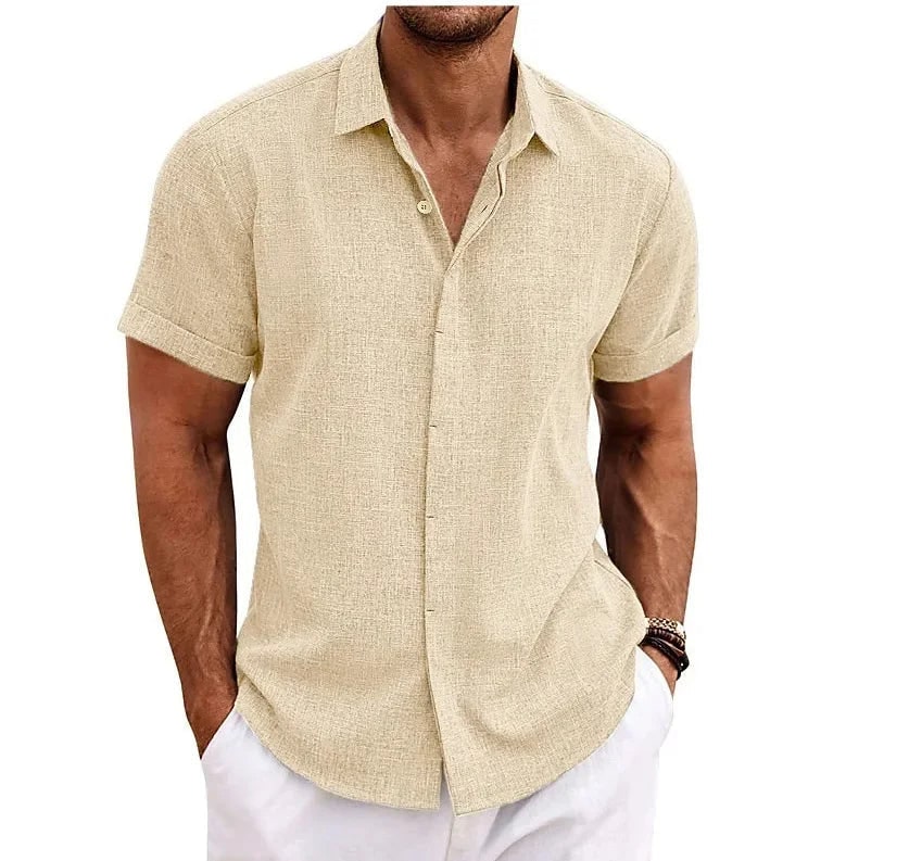 Elegant Mens Linen Shirt with Short Sleeves in Beige