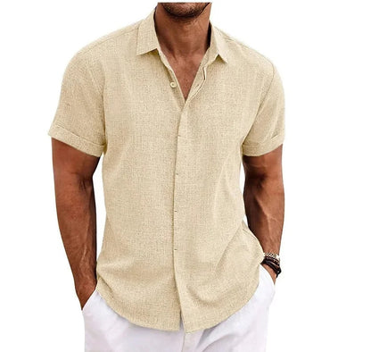 Elegant Mens Linen Shirt with Short Sleeves in Beige