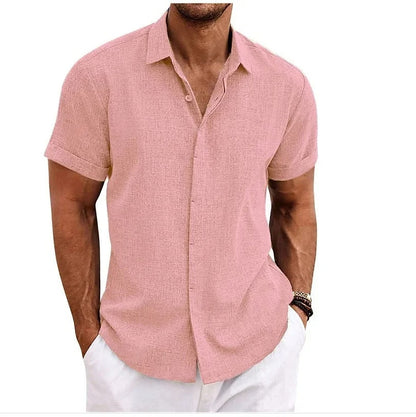 Elegant Mens Linen Shirt with Short Sleeves in Pink