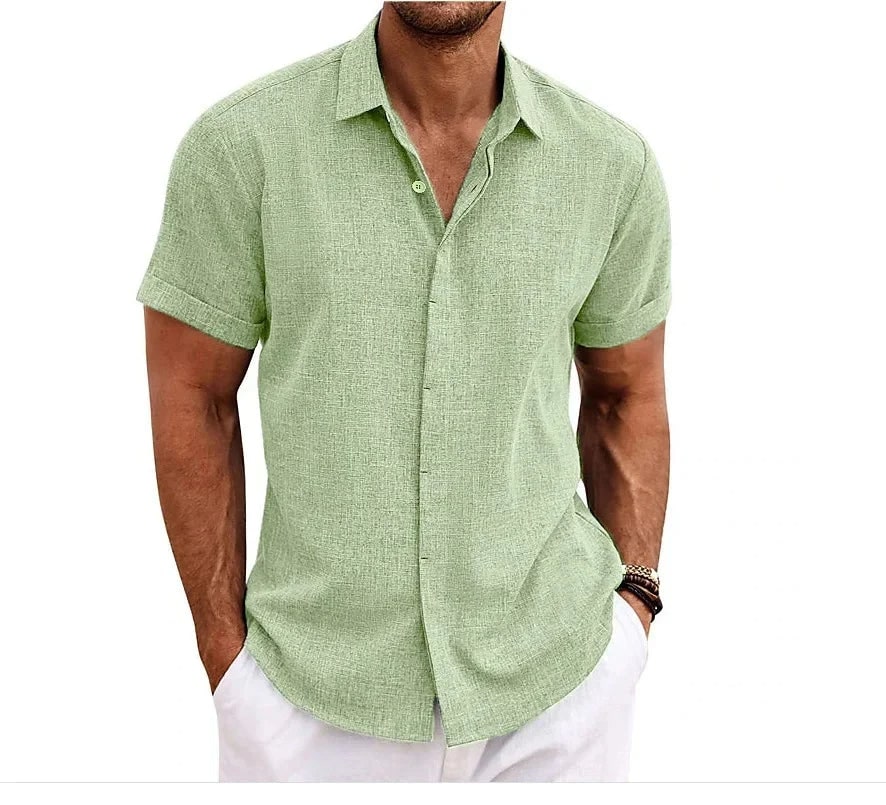 Elegant Mens Linen Shirt with Short Sleeves in Light Green