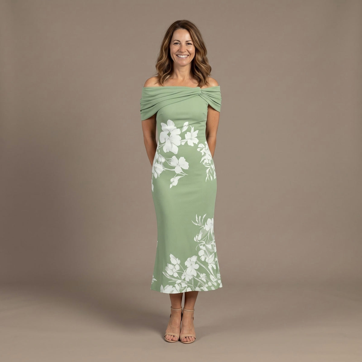 Midi Dress Off Shoulder Floral with Draped Neckline 1