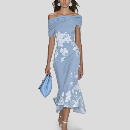 Midi Dress Off Shoulder Floral with Draped Neckline 2