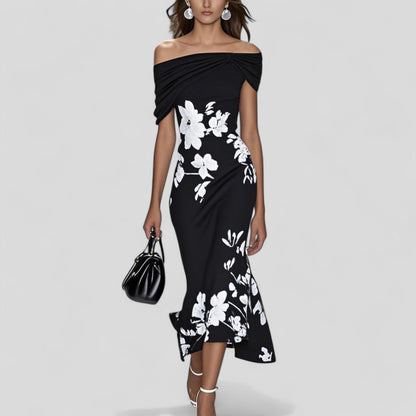 Midi Dress Off Shoulder Floral with Draped Neckline 3