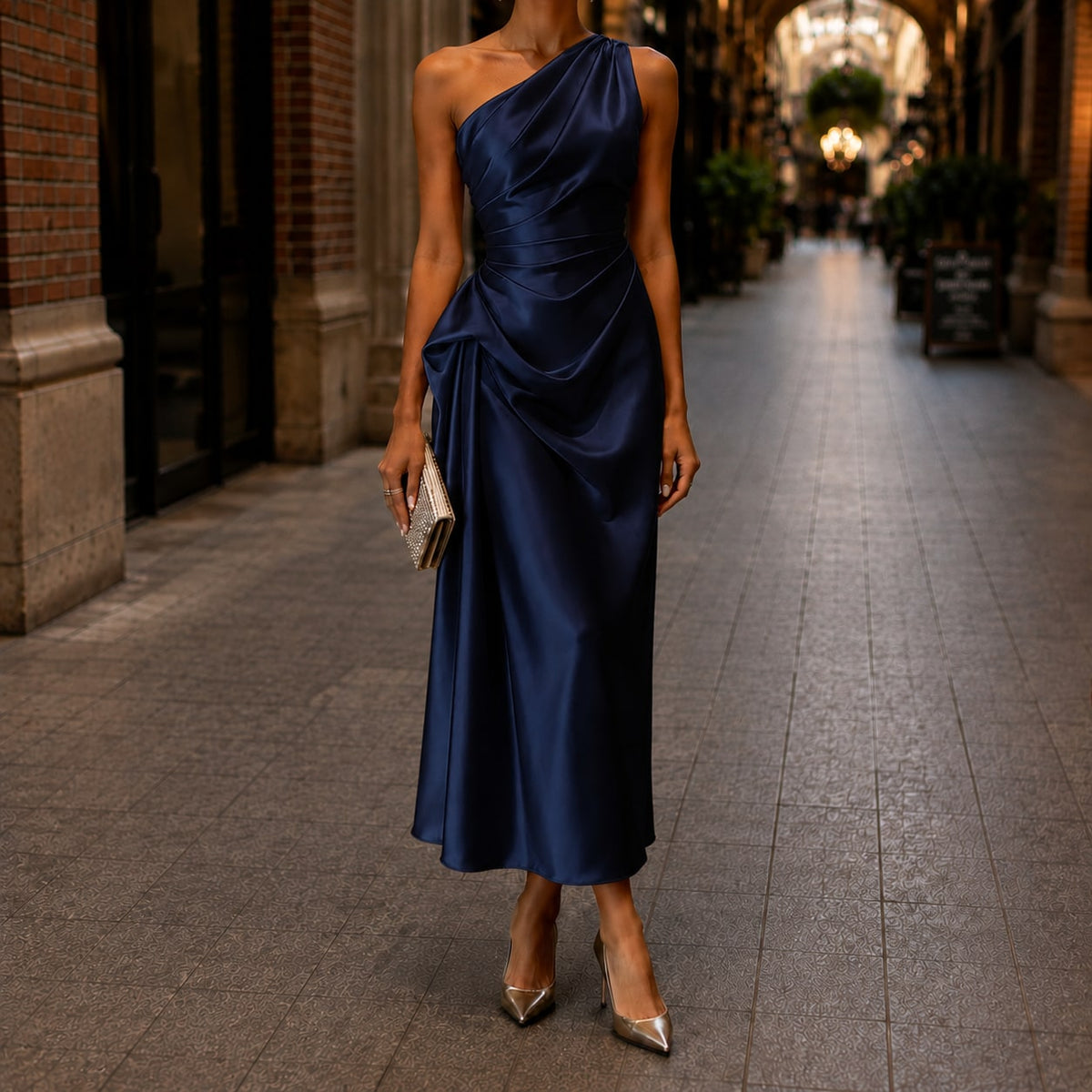 One Shoulder Draped Satin Midi Dress for Formal Occasions 4