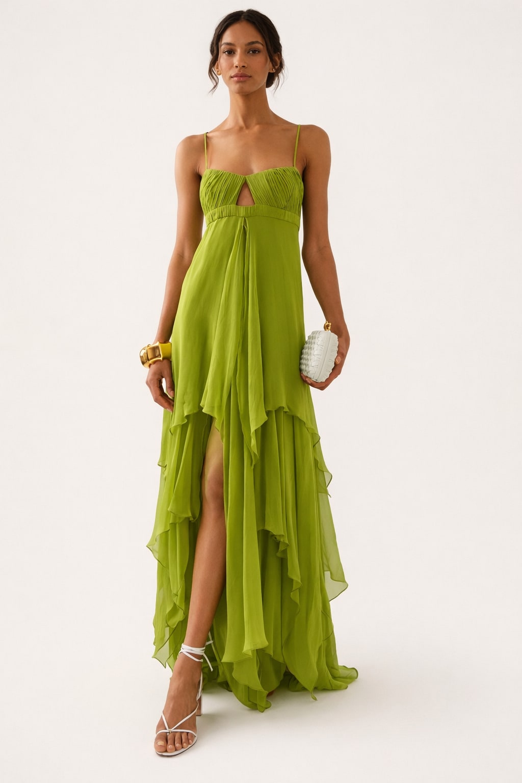Lime green ruffle maxi dress front view with side slit 2