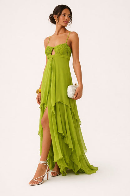 Lime green maxi dress three quarter view showing front cut-out 3