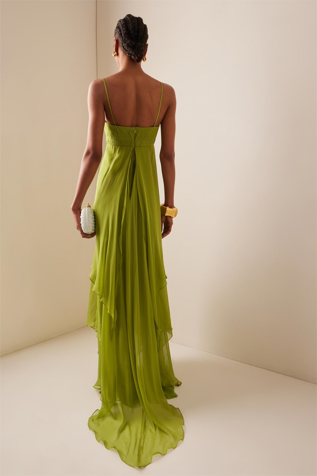 Lime green ruffle maxi dress back view with open shoulders 5