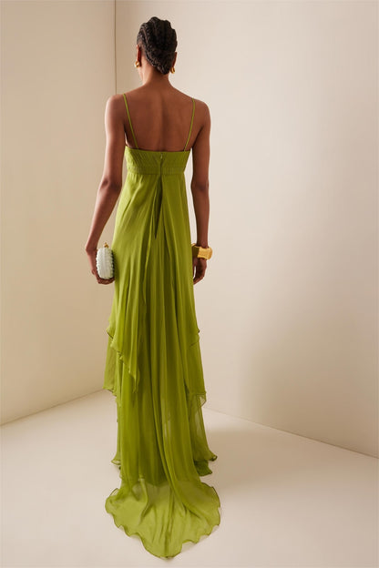 Lime green ruffle maxi dress back view with open shoulders 5