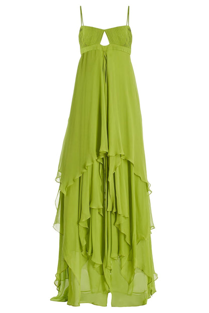 Lime green tiered maxi dress flat lay 6