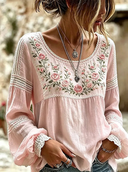 Embroidered Linen Blouse with Long Sleeves and Lace Trim 3