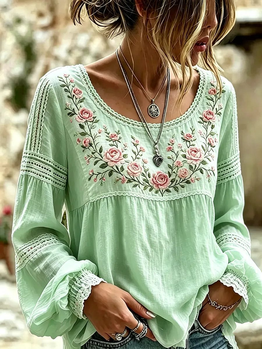 Embroidered Linen Blouse with Long Sleeves and Lace Trim 4