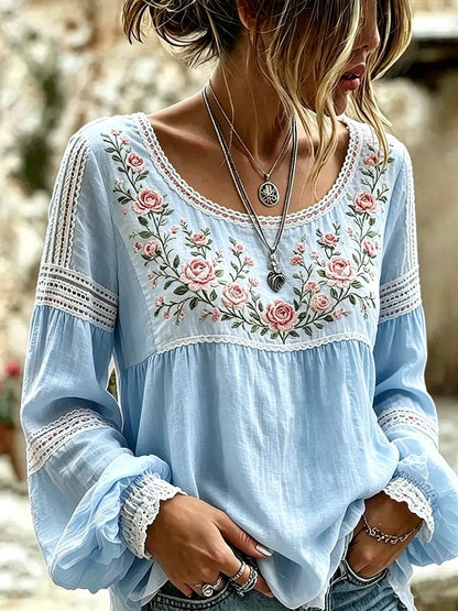 Embroidered Linen Blouse with Long Sleeves and Lace Trim 5