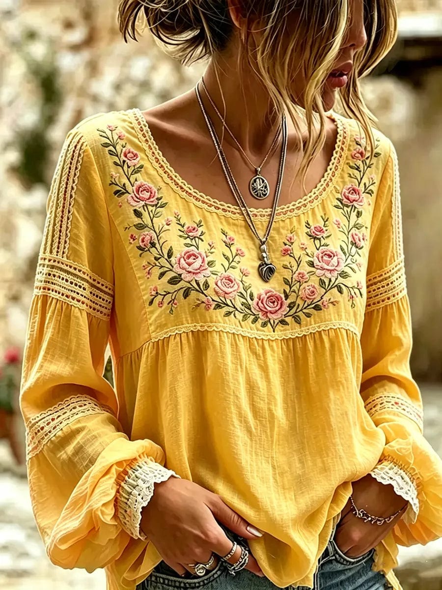 Embroidered Linen Blouse with Long Sleeves and Lace Trim 7