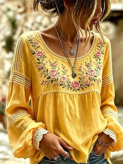 Embroidered Linen Blouse with Long Sleeves and Lace Trim 7