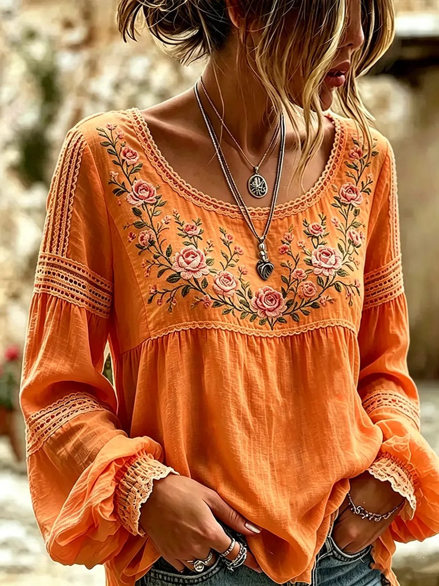 Embroidered Linen Blouse with Long Sleeves and Lace Trim 8