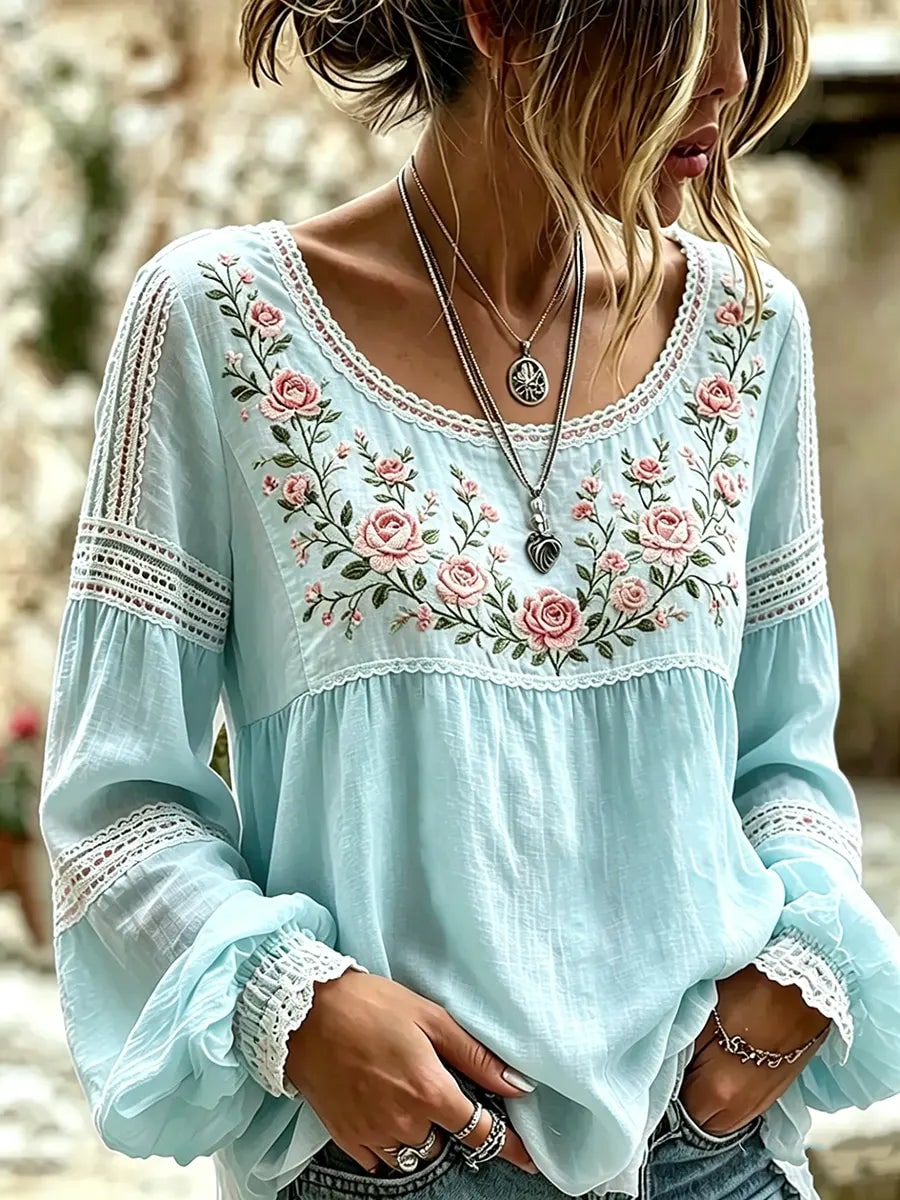Embroidered Linen Blouse with Long Sleeves and Lace Trim 9