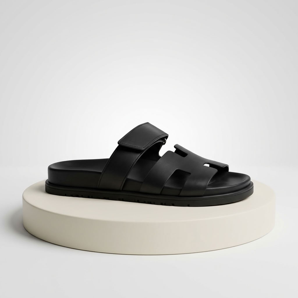 Black flat leather slide sandal, side view