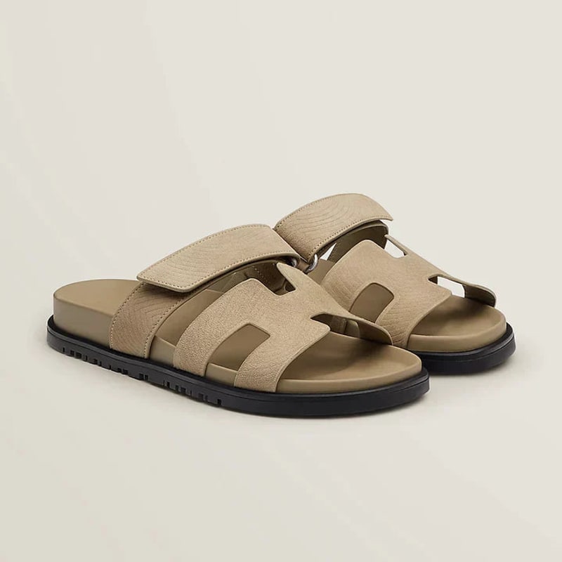 Taupe flat slide sandals with adjustable strap
