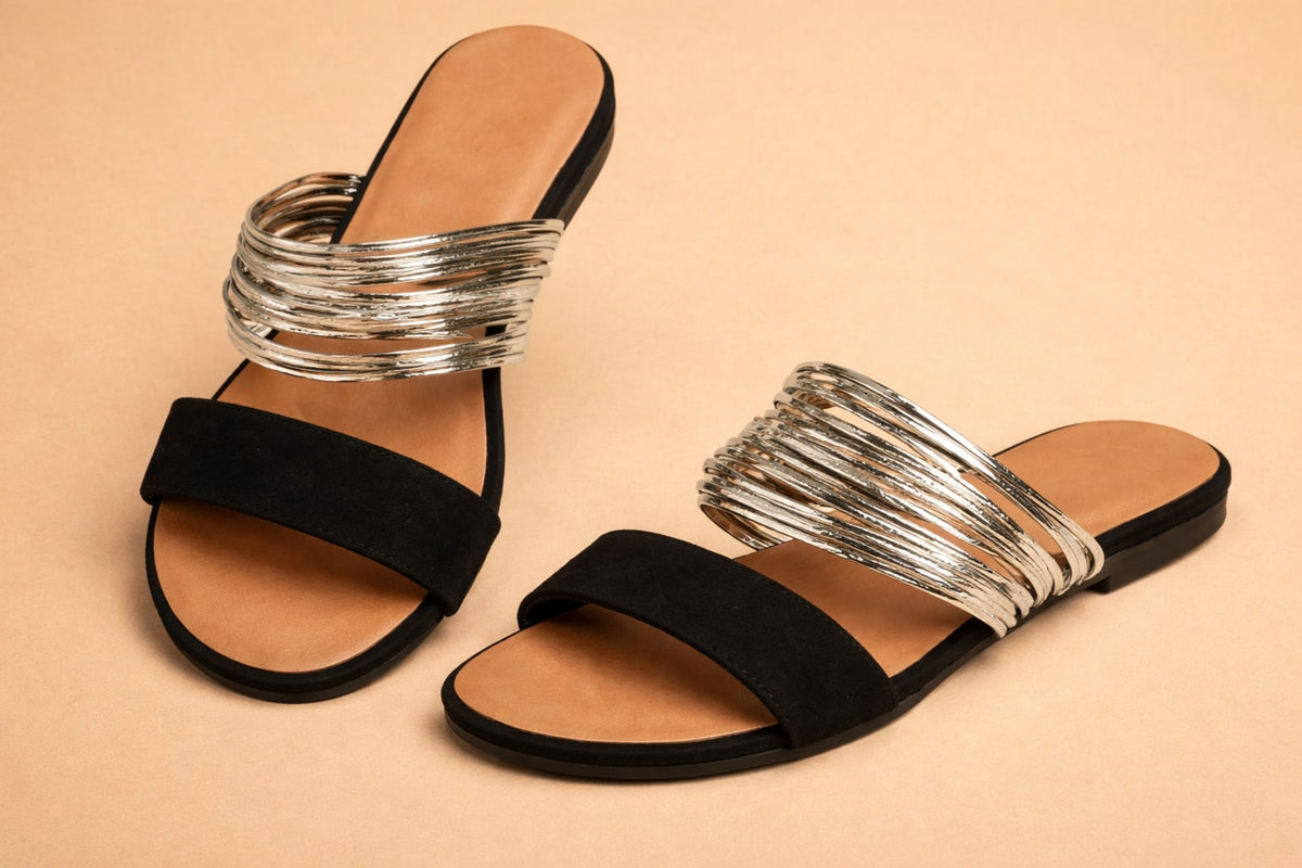 Sandals Flat Slide with Gold Metallic Strands for Summer 2