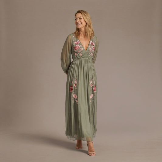 Floral Embroidered Chiffon Maxi Dress with Sheer Long Sleeves